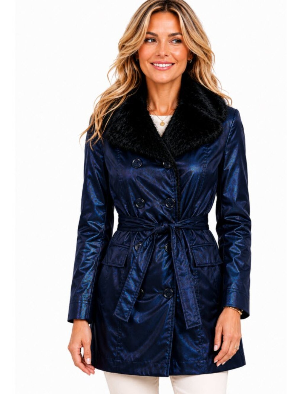 Super Max Navy Faux Fur Collar Pea Coat Double Breasted Belted Medium